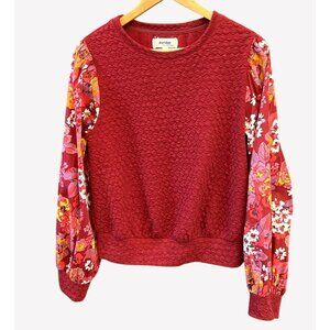 Porridge Anthropologie Red Bohemian Textured Pullover Sweatshirt Floral Sleeve